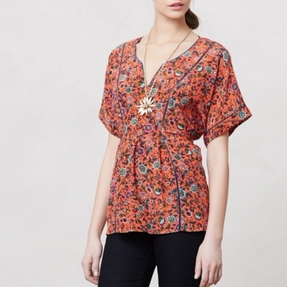 Maeve Anthropologie Maes Floral 100% SILK Top‎ SMALL Kimono Sleeve Tie Back
